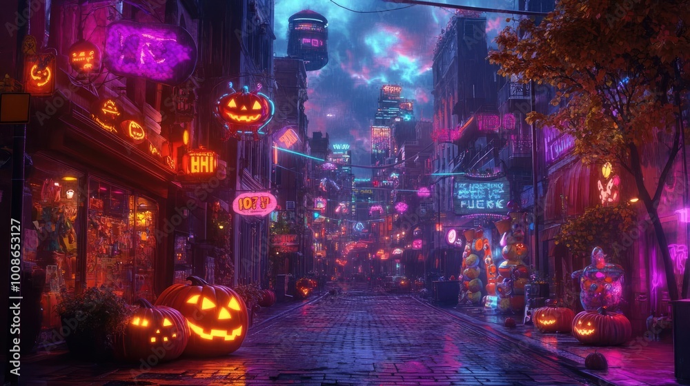 Obraz premium A vibrant Halloween street scene with glowing pumpkins and colorful lights, creating a spooky yet festive atmosphere.
