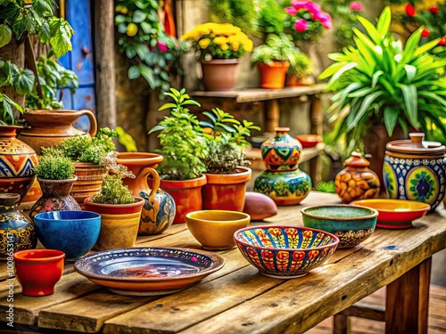 Rustic wooden table adorned with vibrant plants, colorful pottery, and handcrafted artisan tools