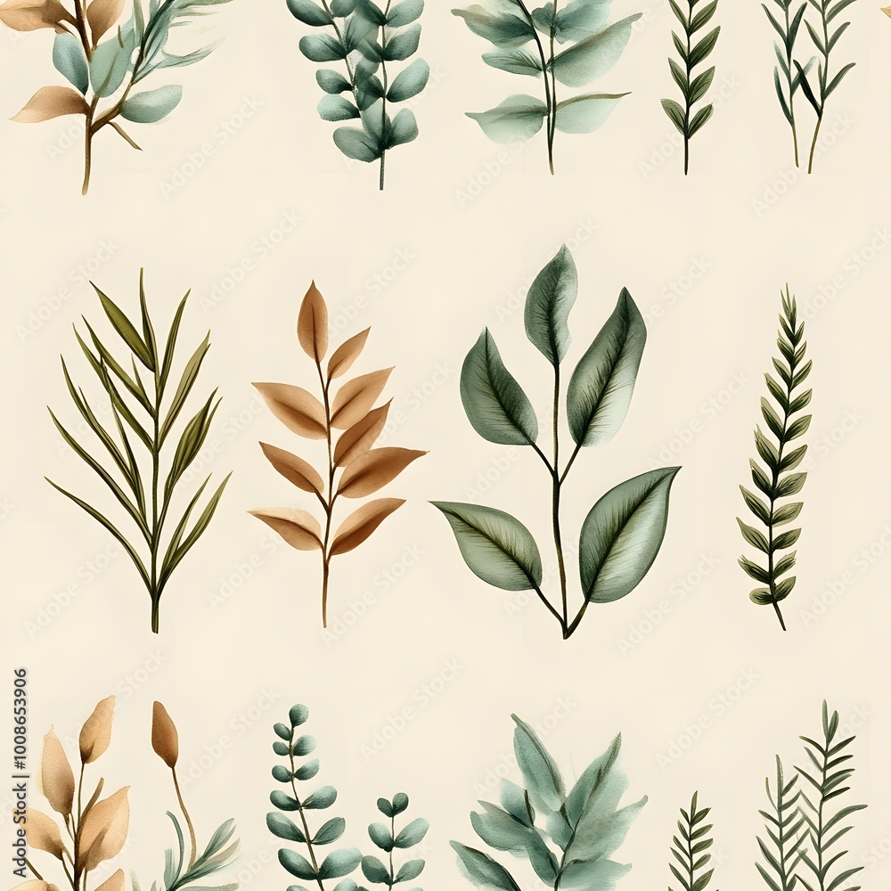 Watercolor Seamless Pattern with Green and Beige Leaves