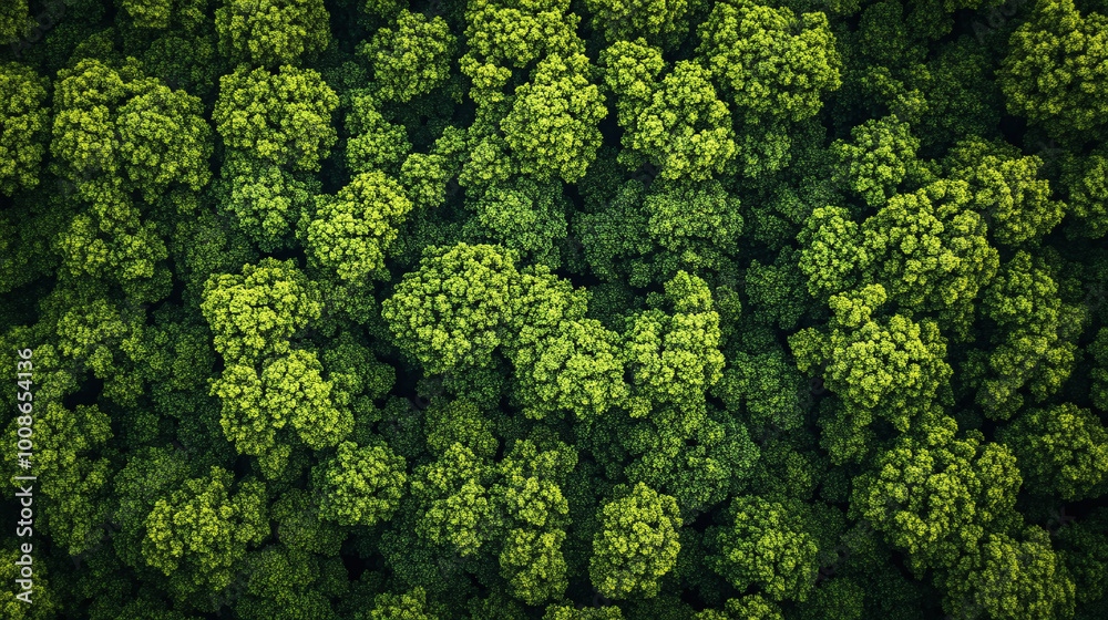 Naklejka premium top view of green forest natural area environment plants an extreme wide shot of tree landscape abstract ecosystem ecology ecosystem fresh spring covered in greenish background