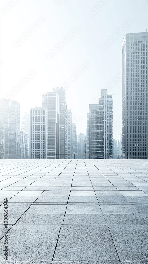 A modern urban landscape featuring tall skyscrapers and a spacious, empty plaza beneath a bright, hazy sky.
