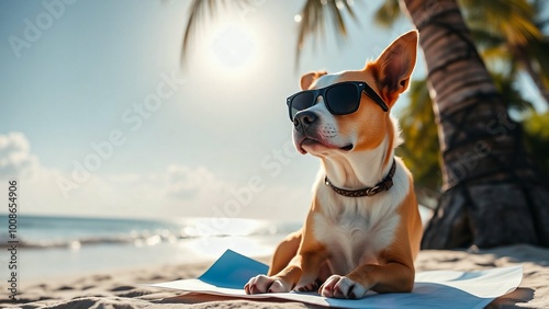  A dog in sunglasses lying on the beach under a palm tree, ideal image for advertising holidays and resorts. photo