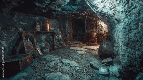 A mysterious underground cave featuring stone walls, wooden items, and minimal lighting, evoking a sense of adventure and intrigue. photo