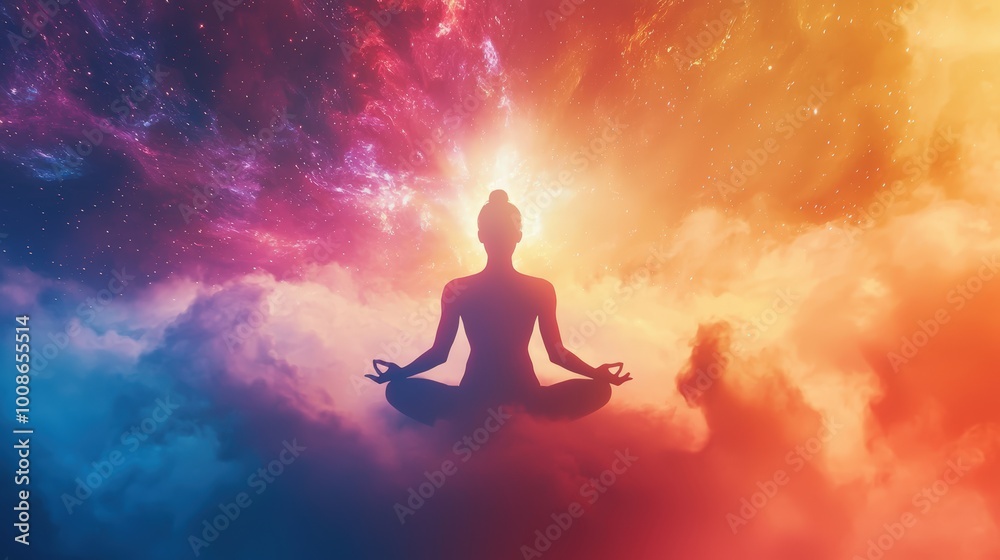 Woman meditating in clouds