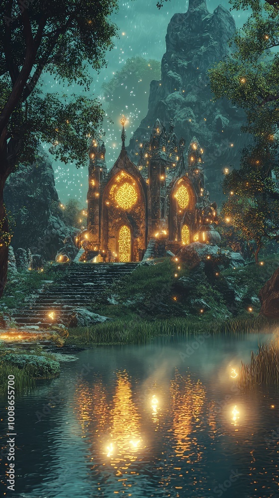 A mystical building illuminated by lights, surrounded by trees and a tranquil lake, creating a serene and enchanting atmosphere. A mystical building illuminated by lights, surrounded by trees and a tranquil lake, creating a serene and enchanting atmosphere.