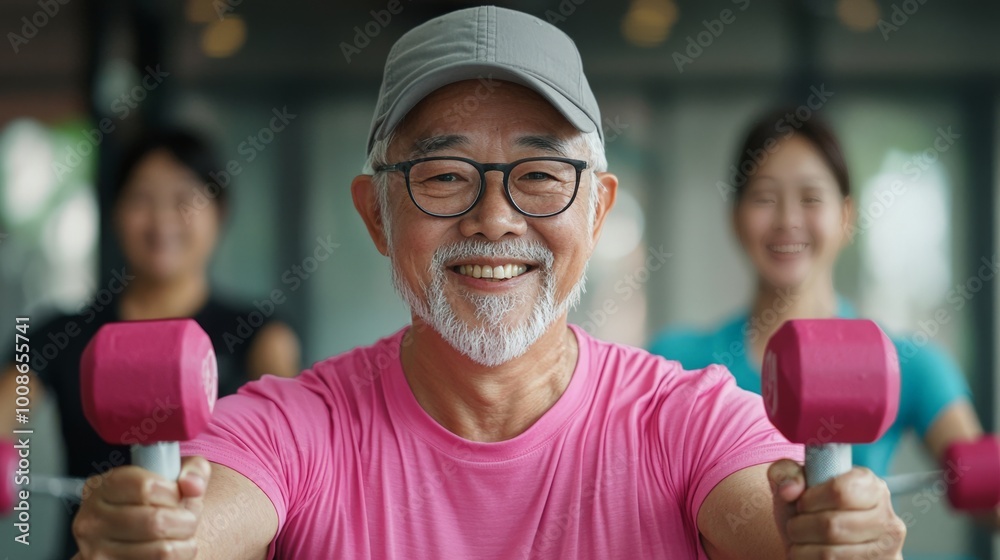Asian seniors participating in a group exercise class, lifting small weights and staying active, with a cheerful and energetic vibe Asian seniors participating in a group exercise class, lifting small weights and staying active, with a cheerful and energetic vibe