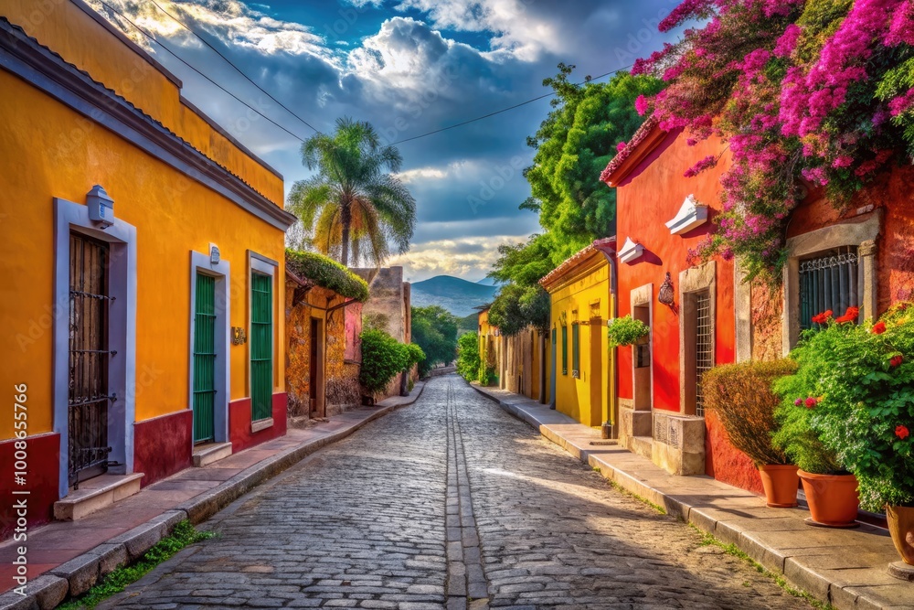 Scenic rural road in Mexico surrounded by vibrant landscapes and traditional architecture at sunset Scenic rural road in Mexico surrounded by vibrant landscapes and traditional architecture at sunset