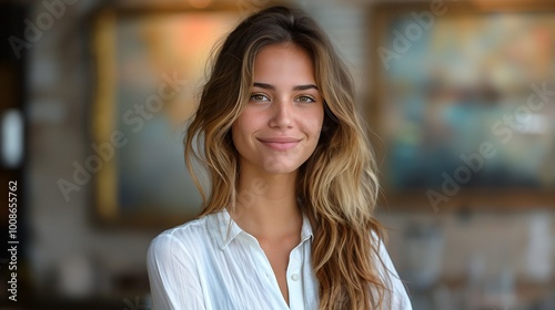 Smiling Woman with Wavy Hair Indoors