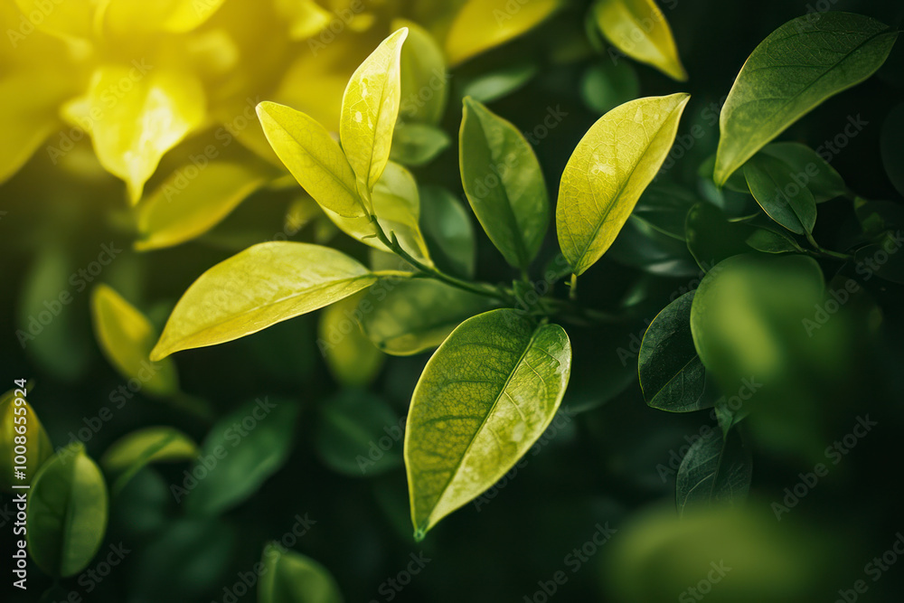 Close-up vegetation, background and texture of green and yellow leaves with bokeh effect. Close-up vegetation, background and texture of green and yellow leaves with bokeh effect.