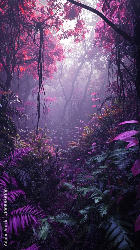 Fototapeta premium A mystical forest with vibrant purple foliage and mist, creating an enchanting and serene atmosphere for exploration.