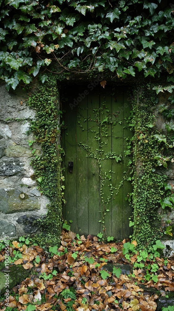 A mystical green door surrounded by ivy and leaves, inviting curiosity and exploration into a hidden world. A mystical green door surrounded by ivy and leaves, inviting curiosity and exploration into a hidden world.