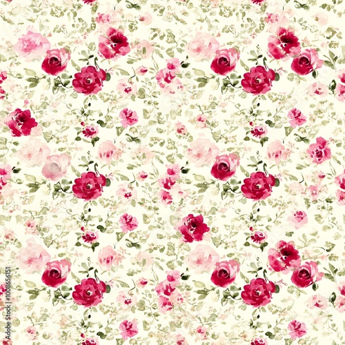 Watercolor Floral Seamless Pattern Pink Roses and Green Leaves on White Background