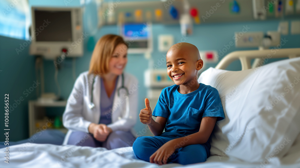 Obraz premium Happy child cancer patient in hospital room giving thumbs during medical examination. Bald kid sitting on hospital bed. Childhood cancer awareness. Successful cancer treatment.