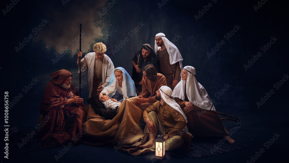Serene nativity scene, with Mary and Joseph gazing tenderly at baby Jesus in the manger against dark background. Historical portrait. Concept of Christmas, nativity scene, Bible, religion, blessing Serene nativity scene, with Mary and Joseph gazing tenderly at baby Jesus in the manger against dark background. Historical portrait. Concept of Christmas, nativity scene, Bible, religion, blessing