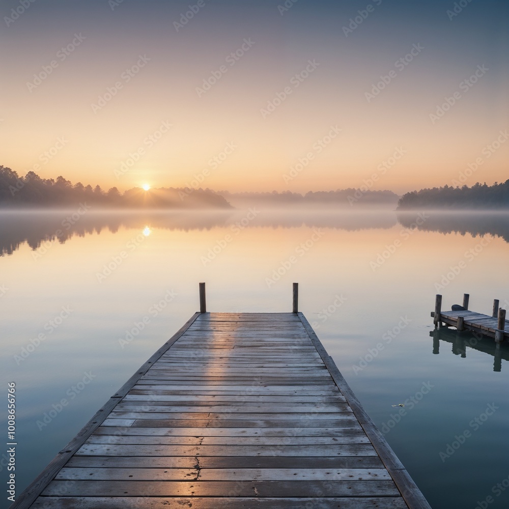 Obraz premium Serene dock extending into a calm lake at sunrise, representing peace and tranquility in nature.