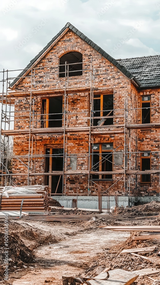A partially constructed stone house with scaffolding, showcasing the building process in a residential area. A partially constructed stone house with scaffolding, showcasing the building process in a residential area.