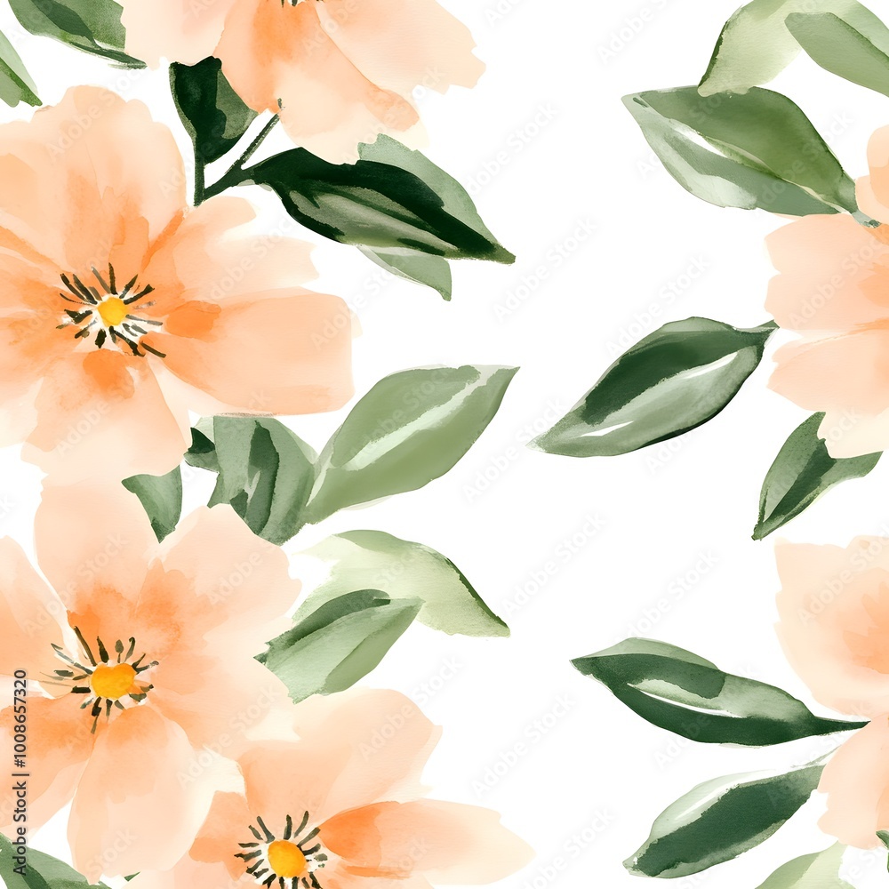 Watercolor Peach Flowers and Green Leaves Seamless Pattern Watercolor Peach Flowers and Green Leaves Seamless Pattern