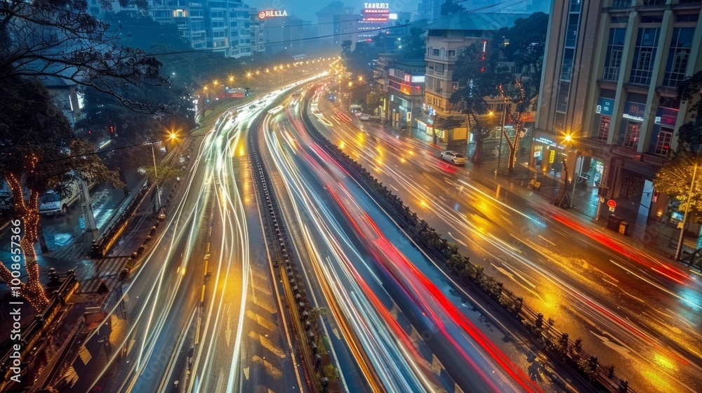 Vibrant city streets illuminated by vehicle lights at night in a bustling urban area Vibrant city streets illuminated by vehicle lights at night in a bustling urban area
