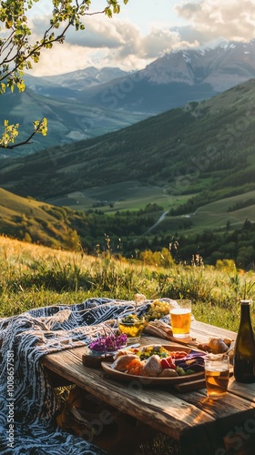 A picturesque outdoor picnic scene with a scenic mountain view, showcasing delicious food and refreshing drinks on a wooden table. photo