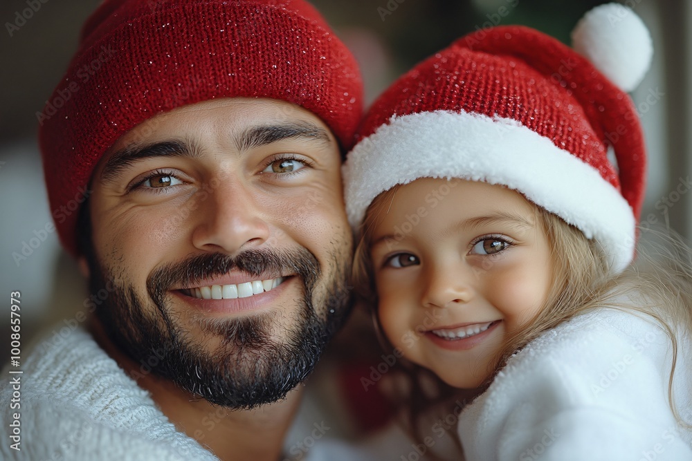 A man and a little girl are wearing red hats and smiling for the camera A man and a little girl are wearing red hats and smiling for the camera