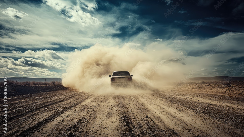 A powerful vehicle kicks up dust on a rugged dirt road under a dramatic sky, showcasing adventure and excitement. A powerful vehicle kicks up dust on a rugged dirt road under a dramatic sky, showcasing adventure and excitement.