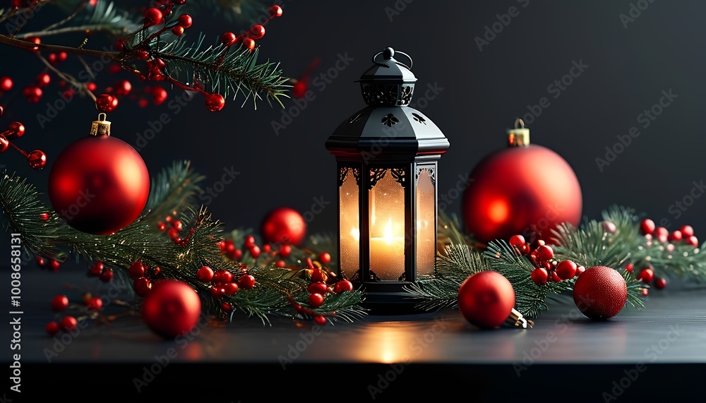 A beautifully lit lantern surrounded by festive red ornaments and greenery, creating a warm, cozy holiday ambiance. A beautifully lit lantern surrounded by festive red ornaments and greenery, creating a warm, cozy holiday ambiance.