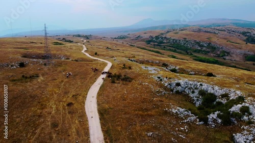 Majestic Aerial View of Remote Wilderness in Bosnia Herzegovina - Windmills, Scenic Valleys, and Rural Landscapes with Mountains, Meadows, and Tranquil Horizons in a Sunny, Dry Climate