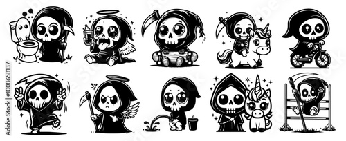 cartoon style baby grim reaper set in sweet and cute black vector design