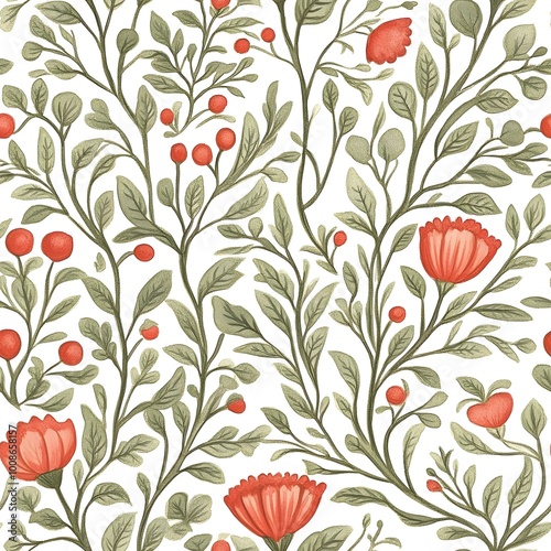 Watercolor Floral Pattern Green Leaves Red Flowers White Background Seamless Design