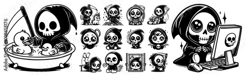 hand-drawn sweet baby grim reaper collection in cartoon black vector
