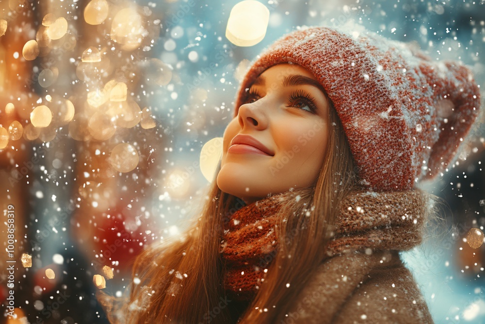 A woman wearing a red hat and scarf is smiling in the snow A woman wearing a red hat and scarf is smiling in the snow