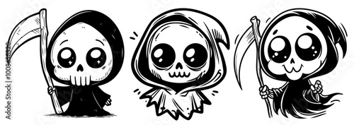 hand-drawn cute baby grim reaper illustrations in black vector set