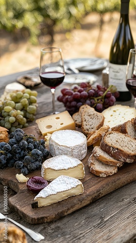 A rustic cheese and wine platter featuring various cheeses, grapes, and breads, perfect for a vineyard picnic. photo