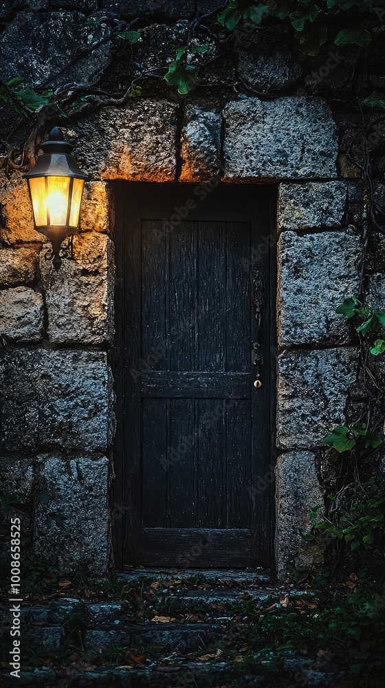 A rustic door set in a stone wall, illuminated by a soft lantern glow, creating an inviting yet mysterious ambiance. A rustic door set in a stone wall, illuminated by a soft lantern glow, creating an inviting yet mysterious ambiance.