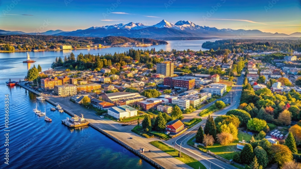 Obraz premium Scenic View of Everett Washington State Featuring Waterfront, Mountains, and Vibrant City Landscape