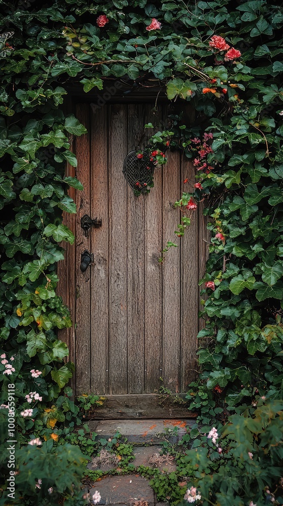 A rustic wooden door framed by lush greenery, creating a charming entrance surrounded by vibrant flowers and natural beauty. A rustic wooden door framed by lush greenery, creating a charming entrance surrounded by vibrant flowers and natural beauty.
