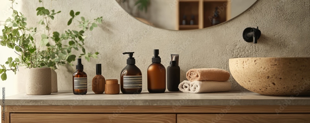 A serene bathroom setup featuring eco-friendly skincare products, natural materials, and soft lighting. A serene bathroom setup featuring eco-friendly skincare products, natural materials, and soft lighting.