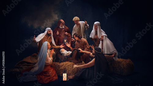 The Holy Family and wise men gather in prayer around baby Jesus. Hope and the light of salvation on Christmas night. Holy moment. Concept of Christmas, nativity scene, history, religion