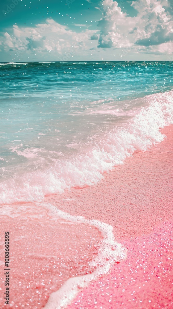 A serene beach scene featuring soft pink sand and crystal-clear turquoise water under a bright blue sky with fluffy clouds. A serene beach scene featuring soft pink sand and crystal-clear turquoise water under a bright blue sky with fluffy clouds.