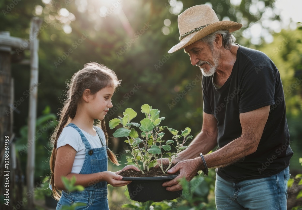 A young girl and elderly man share a gardening moment while planting seedlings in their backyard on a sunny afternoon A young girl and elderly man share a gardening moment while planting seedlings in their backyard on a sunny afternoon