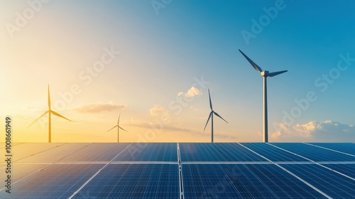 Solar Panels and Wind Turbines at Sunset