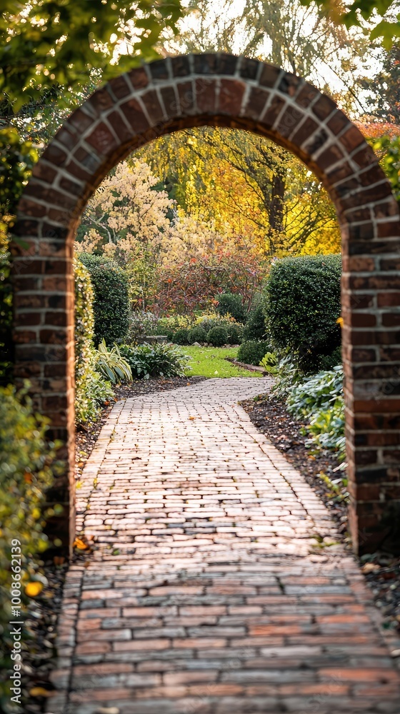 A serene garden pathway framed by a brick arch, showcasing vibrant greenery and autumn colors, inviting peaceful strolls. A serene garden pathway framed by a brick arch, showcasing vibrant greenery and autumn colors, inviting peaceful strolls.