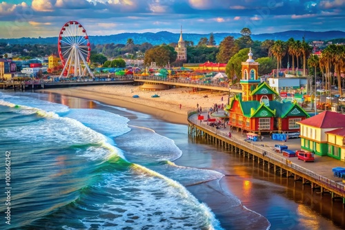 Scenic view of Santa Cruz Beach Boardwalk with colorful attractions and ocean waves in background
