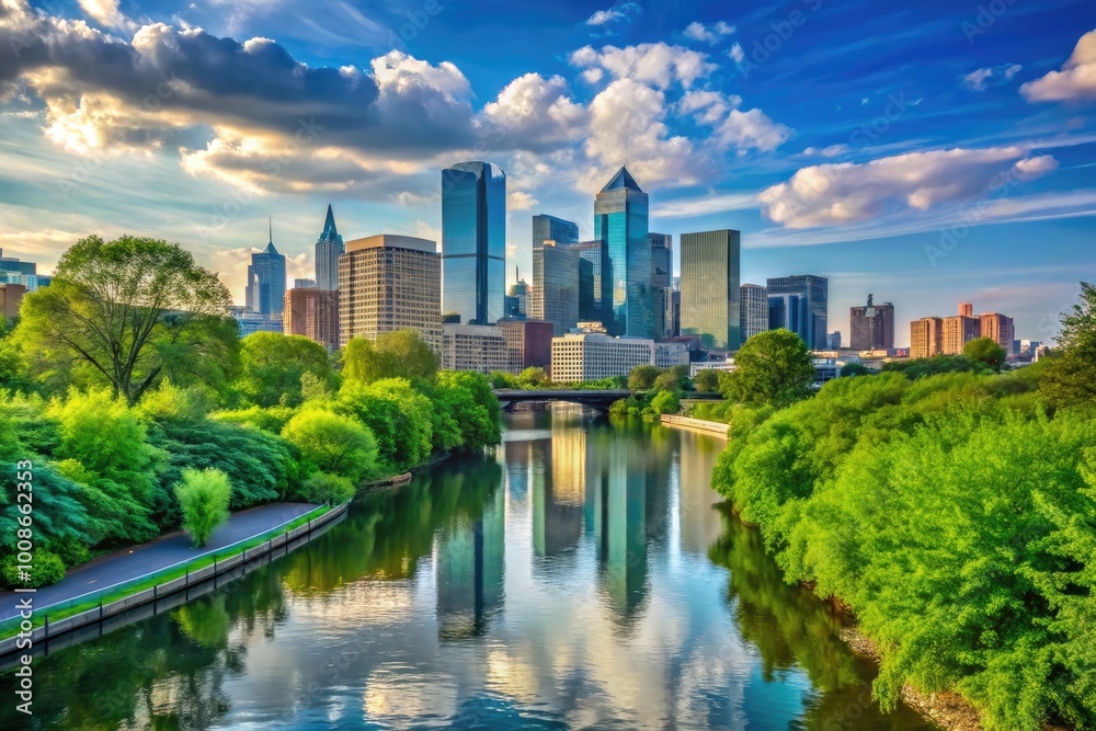 Scenic view of Schuylkill Banks Park with lush greenery and urban skyline along the riverbank Scenic view of Schuylkill Banks Park with lush greenery and urban skyline along the riverbank