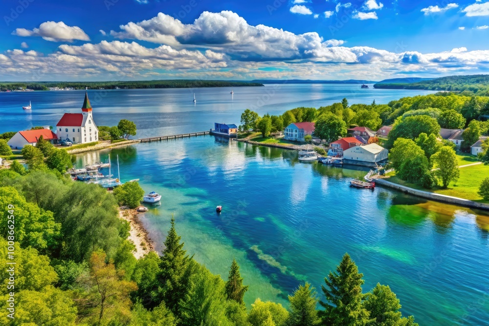 Obraz premium Scenic View of Sturgeon Bay Wisconsin Featuring Tranquil Waters and Lush Greenery in Summer Sunlight