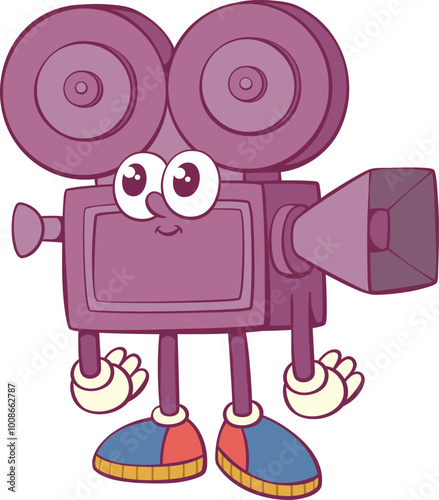 Retro groovy cinema camera mascot character