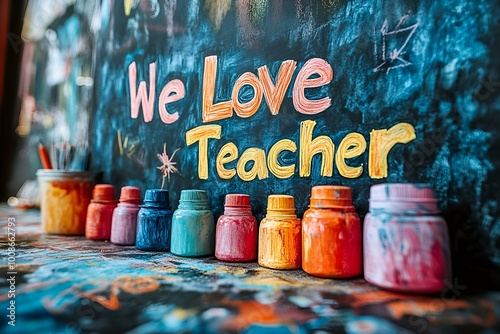 a group of paint bottles with paited wall teachers day concept

