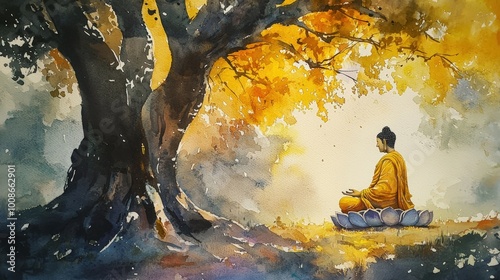 Buddha meditating under tree