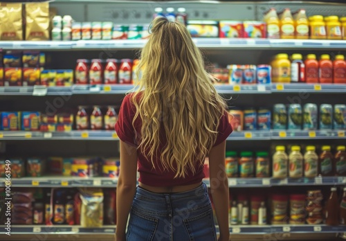 Young woman browsing shelves in a grocery store during afternoon shopping for groceries and household items