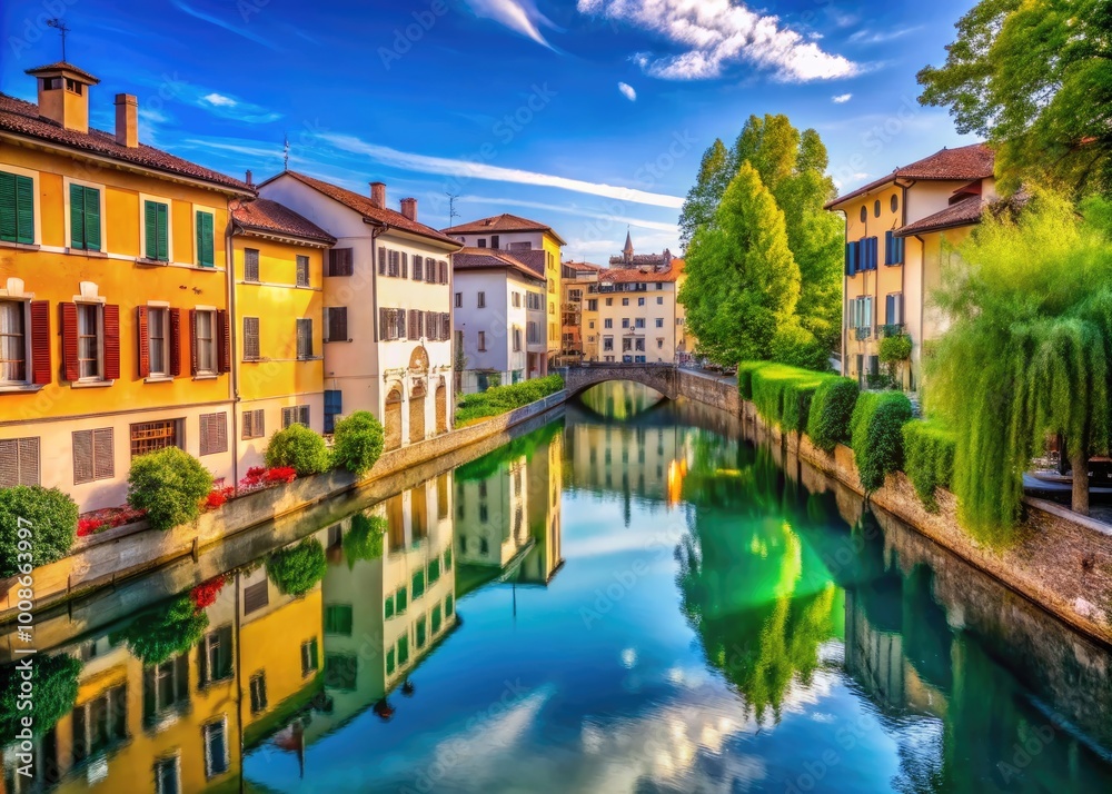 Fototapeta premium Scenic view of Treviso's historic architecture and picturesque canals under a clear blue sky